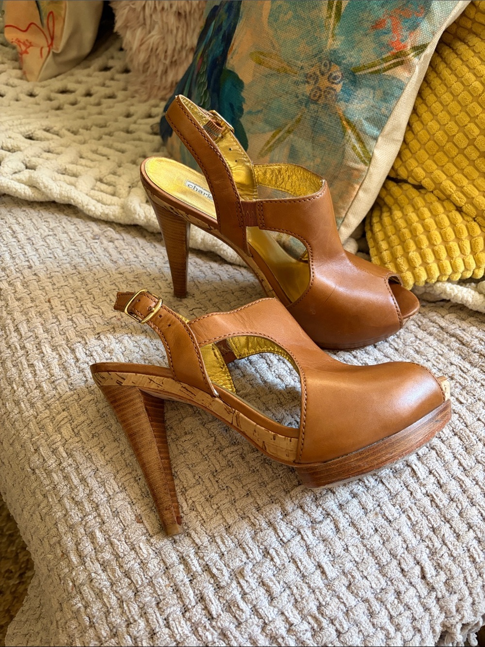 Charles David Tan Leather Peep-Toe Platform Slingbacks Size 7.5B